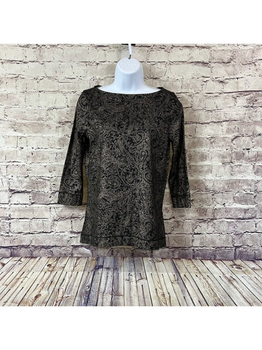 Lauren Jeans Black Gold Paisley Print Cotton 3/4 Sleeve Top